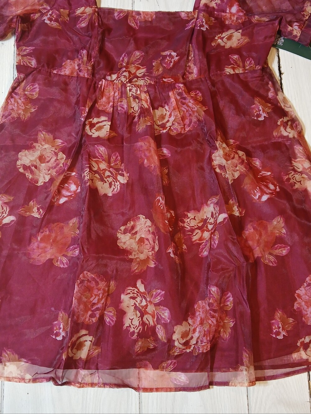 NWT Wild Fable Women’s XXL Sheer Floral Mini Dress Burgundy Rose Puff Sleeve#
